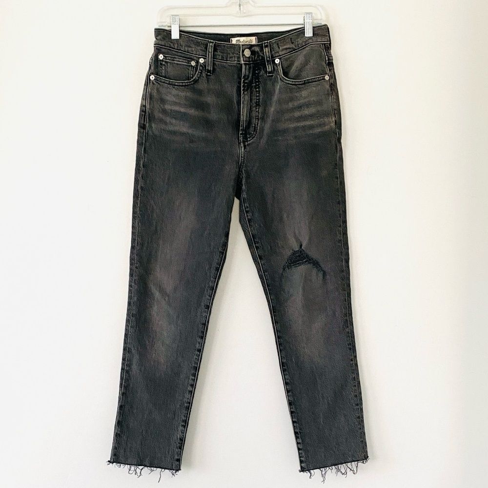 Madewell Perfect Vintage Jean Gray, Black Leather Patch Sz 28 Casual Chic
